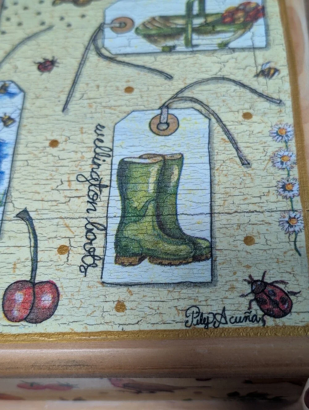Pily Acuna Design Decoupage Wooden Trinket Box/ Jewelry Box Garden Bees Ladybug